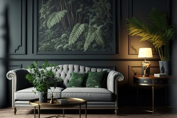 Modern living room design and wallpaper decoration for tropical plant leaves and sofas board with table, lighting and Landscape wallpaper in classic old style