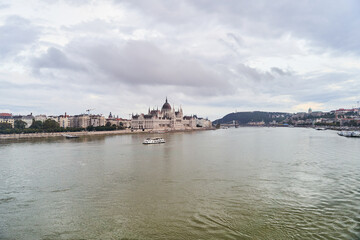 Hungarian Parliament Building in the evening at the Danube river in Budapest, Hungary