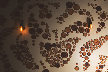 A view of tree trunk slices as wall decoration, as a background.