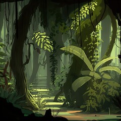 A dense tropical rainforest.	