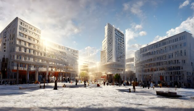 Modern Daylight Bright White City Square 8k Realistic Render 