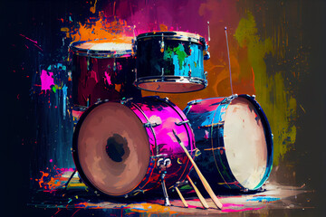 Vibrant Drum Set: A Painted Style Illustration of Drums and Drumsticks with Brushstrokes and Vibrant Colors for Music, Percussion, and Rock Band Enthusiasts