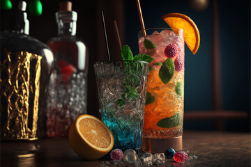 Cocktail Drinks, Alcohol, Bar Club and Disco, Luxury Glass, Generative ai