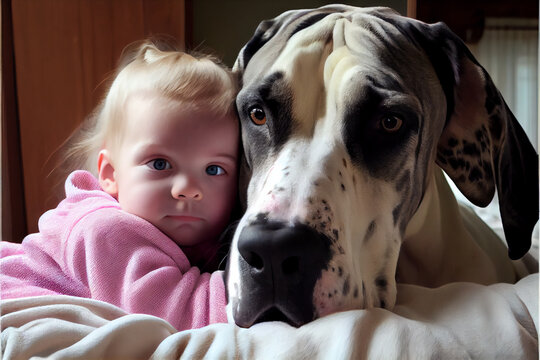 Small child girl hugs a big dog, Great Dane. Close up image showing human love, kindness and compassion towards animals. This image created with generative ai, it is not a real person all digital art