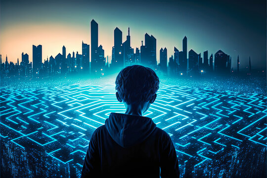 Lost child, all alone in a digital realm, an infinite virtual reality symbolized by a labyrinth & a dangerous futuristic city.