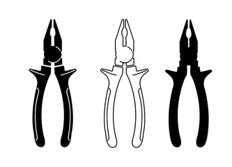 Pliers set. Silhouette, silhouette with line, line. On transparent background. 