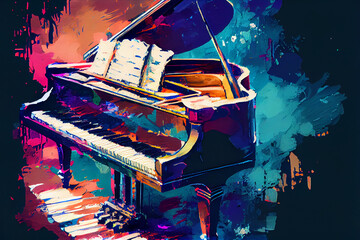 Vibrant Piano with Notes: A Painted Style Illustration of a Classic Piano with Brushstrokes and Vibrant Colors for Music and Keyboard Enthusiasts