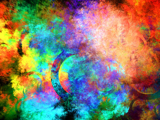 Composición de arte abstracto digital consistente en trazos difuminados de colores fosforescentes en un todo que parece ser naves circulares precipitándose a un océano.