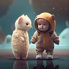 Kitten and a baby