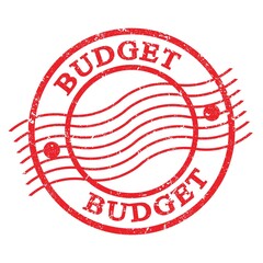 BUDGET, text written on red  postal stamp.