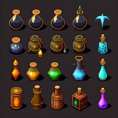 Set of Icons, magic spell potion sprite, Collection of colorful user interface elements for mobile apps or video games, generative ai, including amusing potion, elements, magic, and buttons.