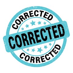 CORRECTED text written on blue-black round stamp sign.