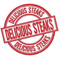 DELICIOUS STEAKS written word on red stamp sign