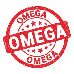 OMEGA text written on red stamp sign.