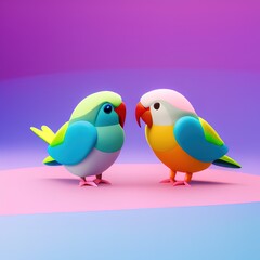 two cute colorful birds low poly loking each other