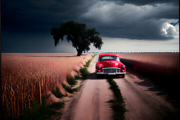 A Single Loney Red Car on a Country Road: A Visually Stunning Cinematography Stock Photo of a Broken Down Car in a Corn Field