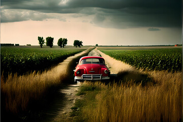A Single Loney Red Car on a Country Road: A Visually Stunning Cinematography Stock Photo of a Broken Down Car in a Corn Field