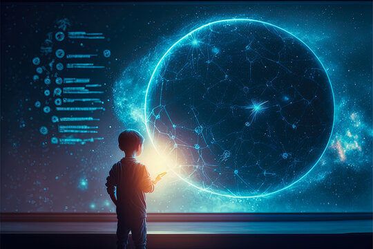 A child silhouetted against a digital projection of a planet. A vision of future astronomy. A realistic and immersive vision.