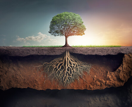 Tree growing in a field, surface and underground section with layers of soil, generative AI illustration
