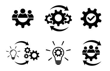Teamwork process icon set in flat. Team and gear symbols isolated on white. Leadership and creative signs. Teamwork abstract icon in black. Vector illustration for graphic design, Web, UI, mobile app.