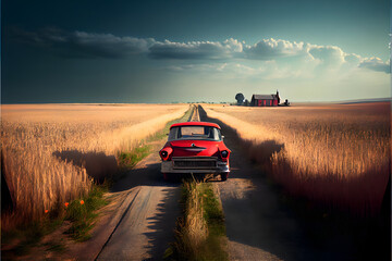 A Single Loney Red Car on a Country Road: A Visually Stunning Cinematography Stock Photo of a Broken Down Car in a Corn Field