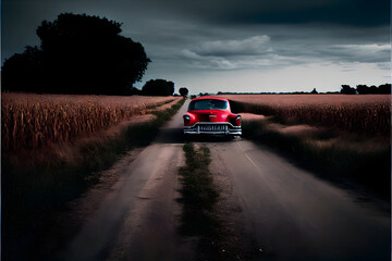Obraz na płótnie Canvas A Single Loney Red Car on a Country Road: A Visually Stunning Cinematography Stock Photo of a Broken Down Car in a Corn Field
