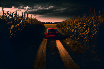 A Single Loney Red Car on a Country Road: A Visually Stunning Cinematography Stock Photo of a Broken Down Car in a Corn Field