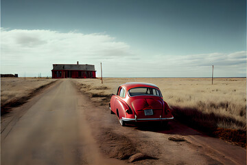 A Single Loney Red Car on a Country Road: A Visually Stunning Cinematography Stock Photo of a Broken Down Car in a Corn Field
