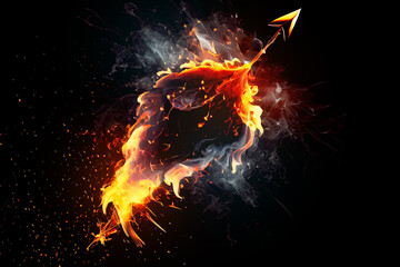 Burning arrow made of fire and smoke on black background.
Digitally generated AI image
