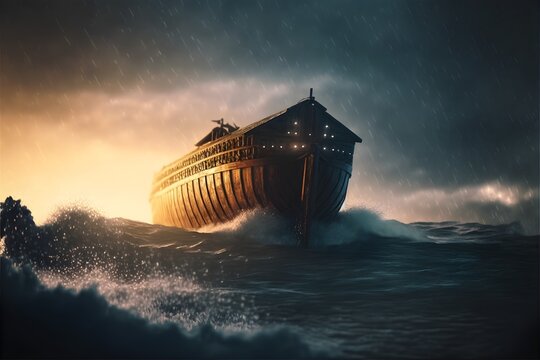Illustration of  Ark sailing in the sea, generative ai