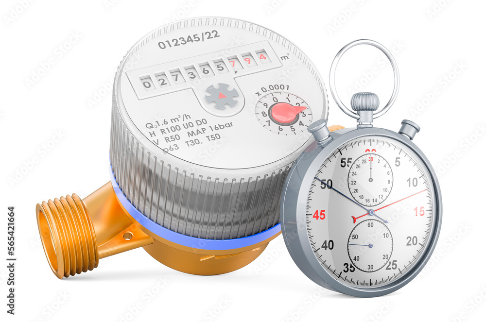 Poster water meter with stopwatch. 3d rendering