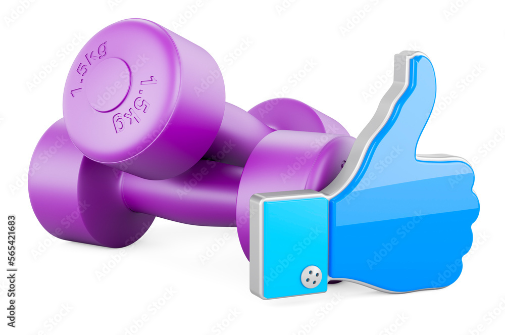 Poster neoprene dumbbells with like icon, 3d rendering