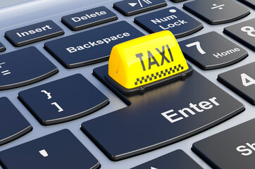 Fototapeta premium Taxi car signboard on laptop keyboard, 3D rendering