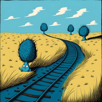 train tracks passing through fields fields covered with blue lorax trees simple cartoon dr seuss style 