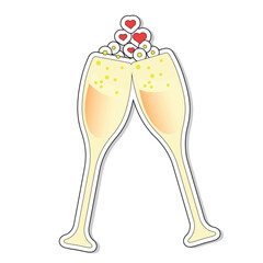 Champagne glasses, a sticker for a wedding or valentine's day. Vector on a white background