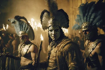 Wall murals Carnival Men dressed up in carnival costumes with candles and fire. gererative ai