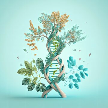 DNA helix with tree leaves. Concept of human nature. Generative AI.