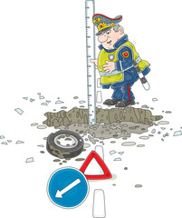 Funny puzzled traffic cop measuring a depth of a large and deep pothole in a road, vector cartoon illustration isolated on a white background
