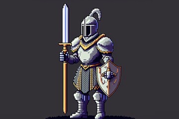 Pixel art knight character for RPG game, character in retro style for 8 bit game