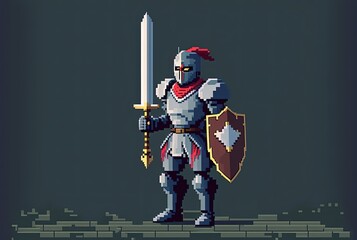 Pixel art knight character for RPG game, character in retro style for 8 bit game