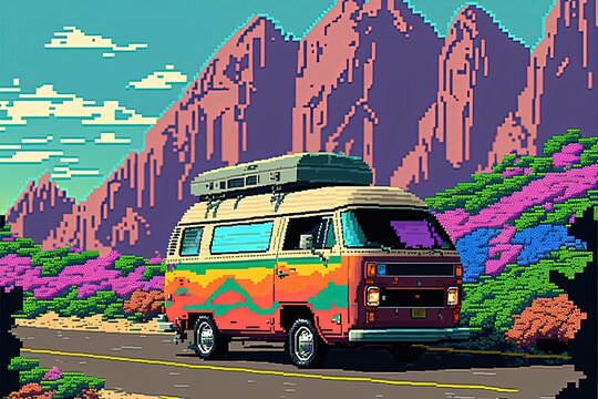 Pixel art hippie van on desert road, background in retro style for 8 bit game, Generative AI