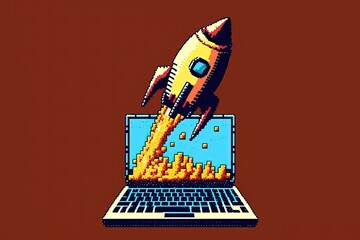 Pixel art laptop with rocket flying from the screen, startup concept, object in retro and 8 bit style