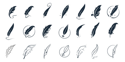 icon set vector feather ink inspiration. feather pen ink signature symbol. set of abstract signature feather pen logo design template on white background. - obrazy, fototapety, plakaty