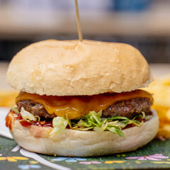 Hamburger di manzo con formaggio ketchup insalata