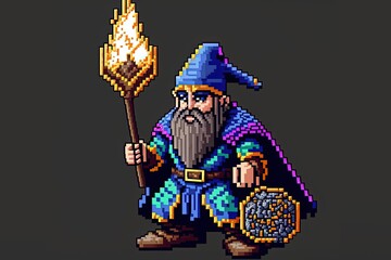 Pixel art wizard character for RPG game, character in retro style for 8 bit game
