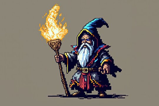 Pixel art wizard character for RPG game, character in retro style for 8 bit game
