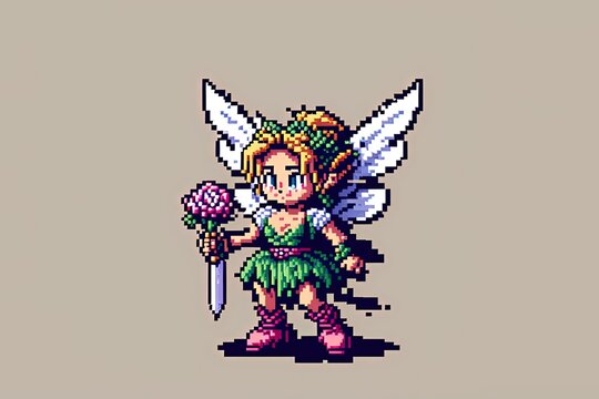 Pixel art fairy character for RPG game, character in retro style for 8 bit game
