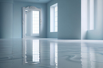 Room filled with water on floor. Surrealistic abstract image.
Digitally generated AI illustration