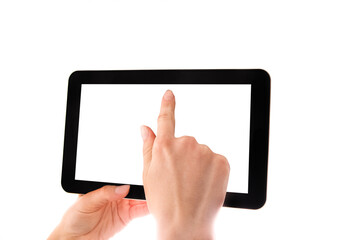 in human hands tablet computer touch-screen gadget with isolated