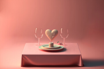 Romantic and decent dining table with flowers, candles, drinks, and plates, generative AI